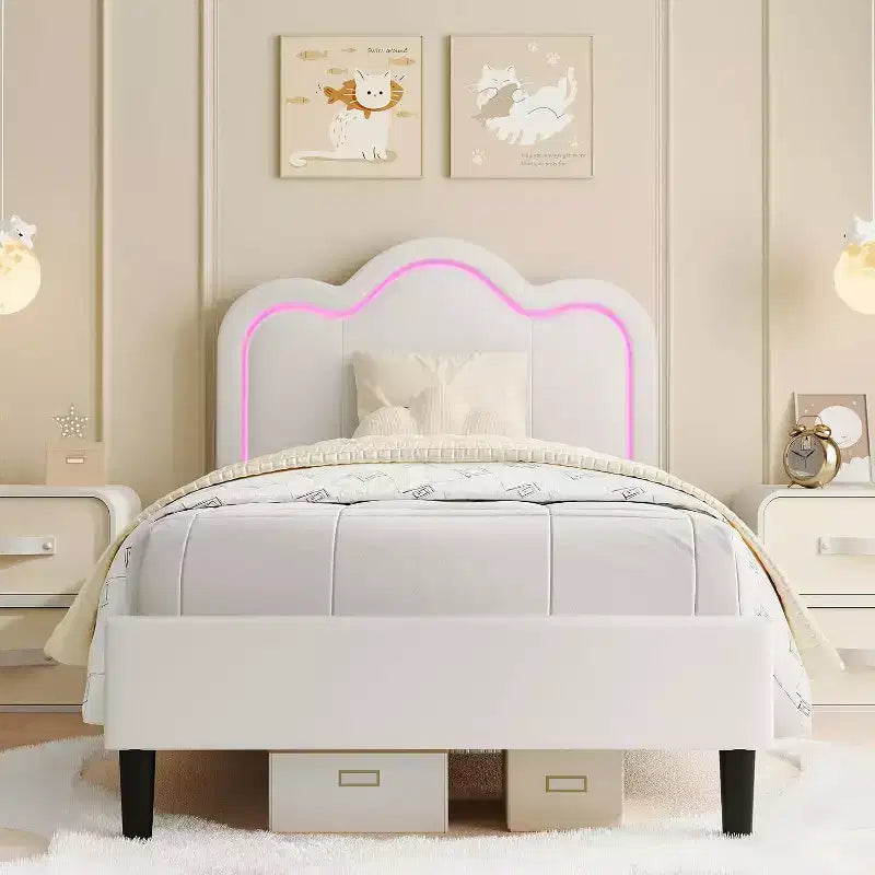 Base de cama tapizada inteligente Twin LED con cabecero ajustable Hills, plataforma de cuero sintético para niños, beige