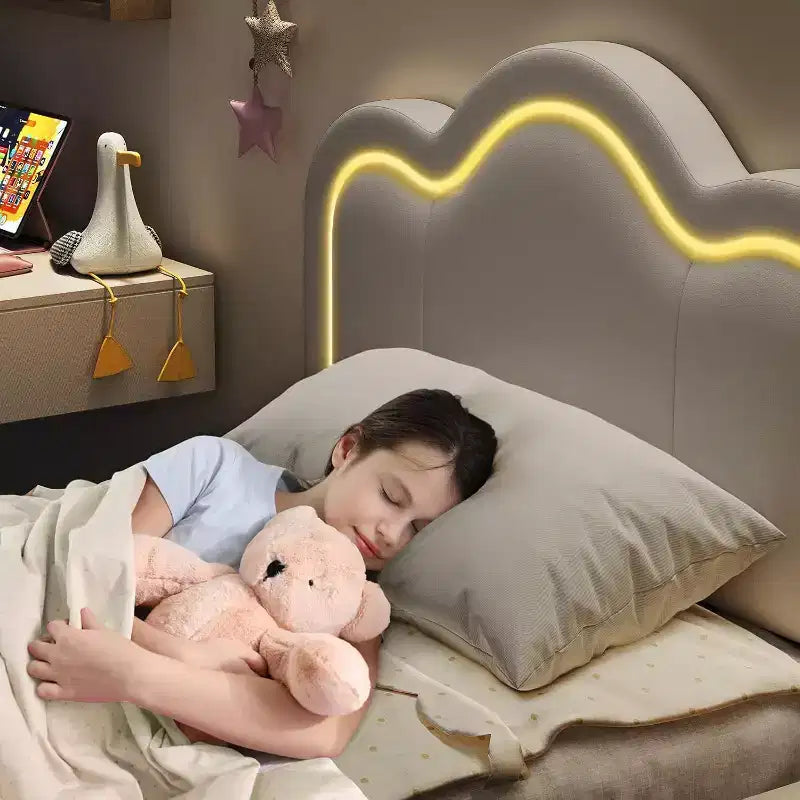 Base de cama tapizada inteligente Twin LED con cabecero ajustable Hills, plataforma de cuero sintético para niños, beige