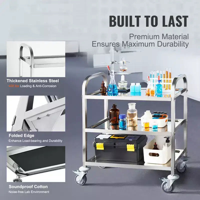 VEVOR Carro de acero inoxidable, carro de servicio de laboratorio de 3 capas con capacidad de carga de 400 libras