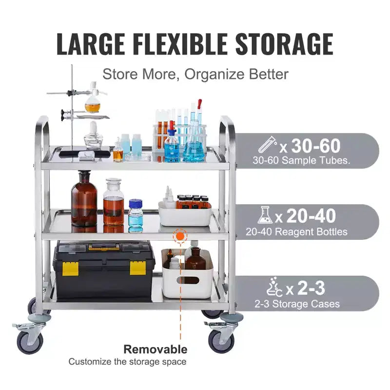 VEVOR Carro de acero inoxidable, carro de servicio de laboratorio de 3 capas con capacidad de carga de 400 libras