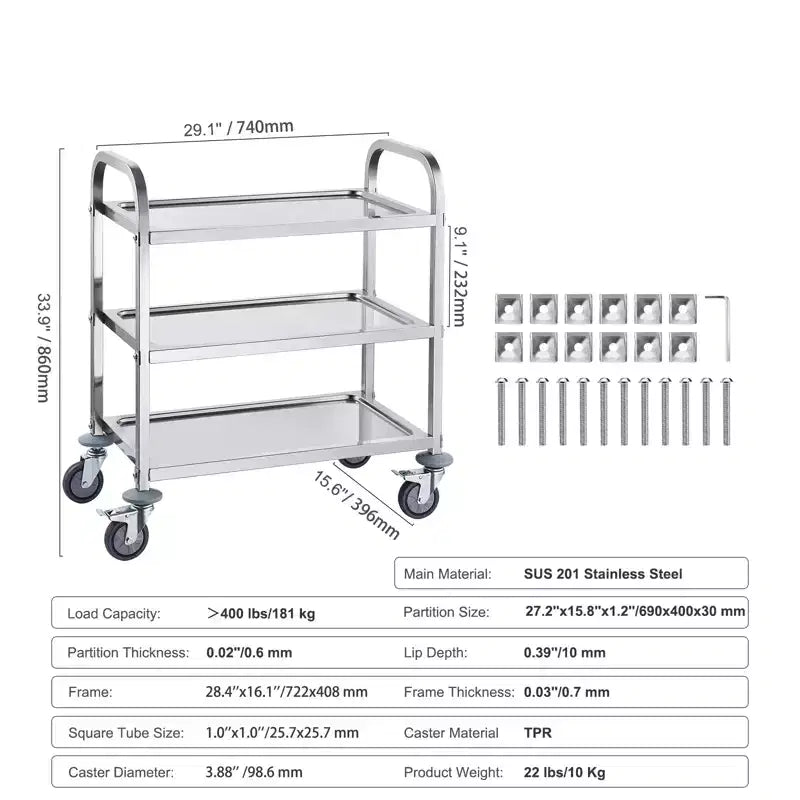 VEVOR Carro de acero inoxidable, carro de servicio de laboratorio de 3 capas con capacidad de carga de 400 libras