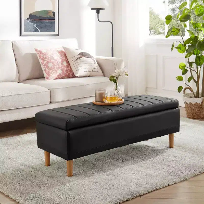 VECELO Banco de almacenamiento moderno de piel sintética suave, otomana de 44 con 6.1 de espacio de almacenamiento profundo para sala de estar o dormitorio, fácil de limpiar, negro