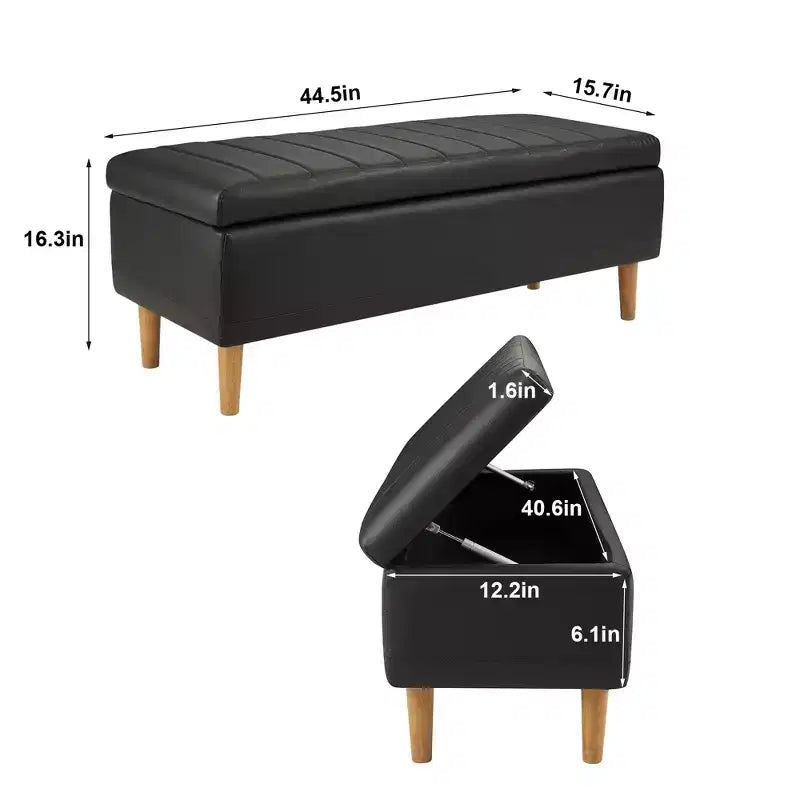 VECELO Banco de almacenamiento moderno de piel sintética suave, otomana de 44 con 6.1 de espacio de almacenamiento profundo para sala de estar o dormitorio, fácil de limpiar, negro