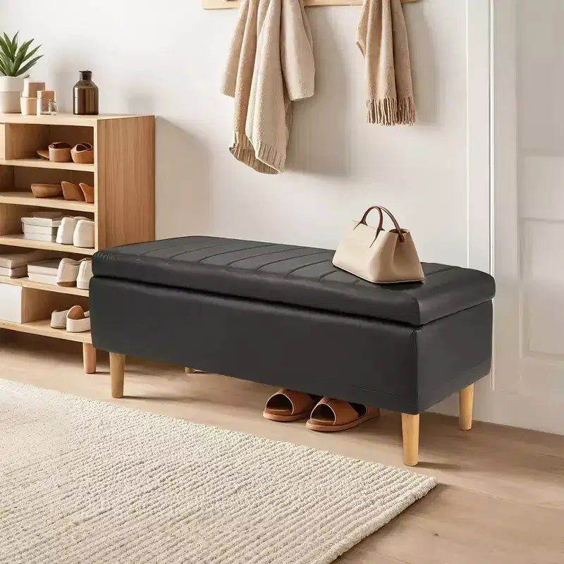 VECELO Banco de almacenamiento moderno de piel sintética suave, otomana de 44 con 6.1 de espacio de almacenamiento profundo para sala de estar o dormitorio, fácil de limpiar, negro
