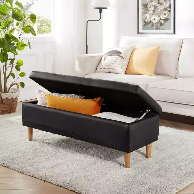 VECELO Banco de almacenamiento moderno de piel sintética suave, otomana de 44 con 6.1 de espacio de almacenamiento profundo para sala de estar o dormitorio, fácil de limpiar, negro