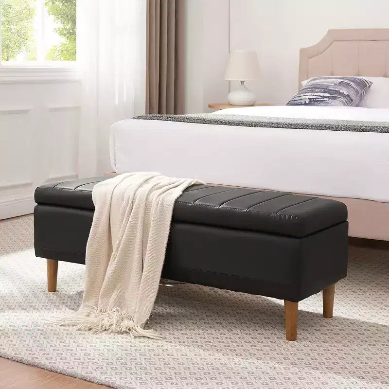 VECELO Banco de almacenamiento moderno de piel sintética suave, otomana de 44 con 6.1 de espacio de almacenamiento profundo para sala de estar o dormitorio, fácil de limpiar, negro