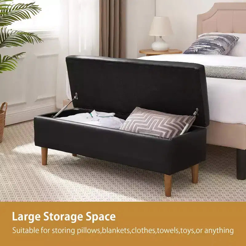 VECELO Banco de almacenamiento moderno de piel sintética suave, otomana de 44 con 6.1 de espacio de almacenamiento profundo para sala de estar o dormitorio, fácil de limpiar, negro