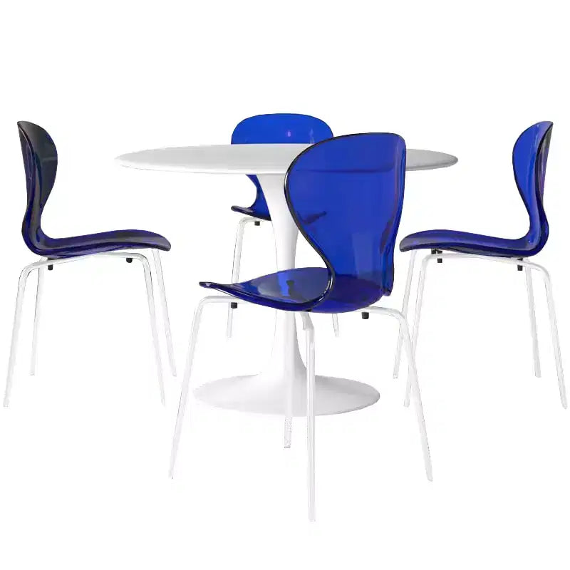 LeisureMod Bristol Juego de Comedor de 5 Piezas Mesa de Comedor Redonda, 4 Sillas de Comedor de Plástico Patas Blancas