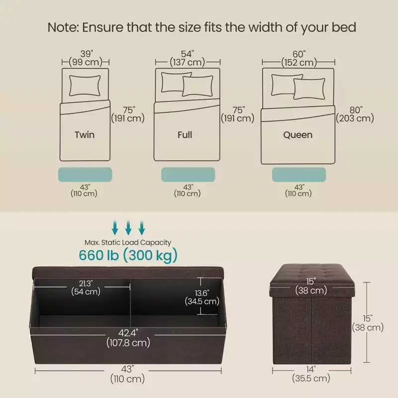 Banco otomano de almacenamiento, 15 x 43 x 15 pulgadas, banco para el pie de la cama, arcón de almacenamiento, para sala de estar, dormitorio, entrada