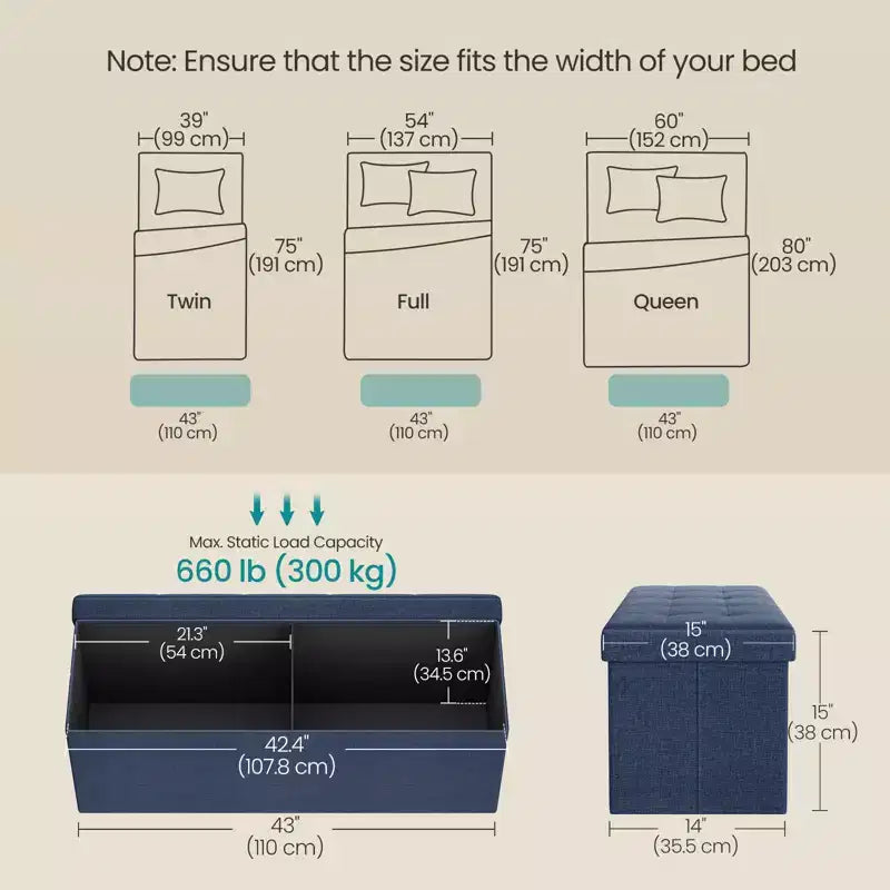 Banco otomano de almacenamiento, 15 x 43 x 15 pulgadas, banco para el pie de la cama, arcón de almacenamiento, para sala de estar, dormitorio, entrada
