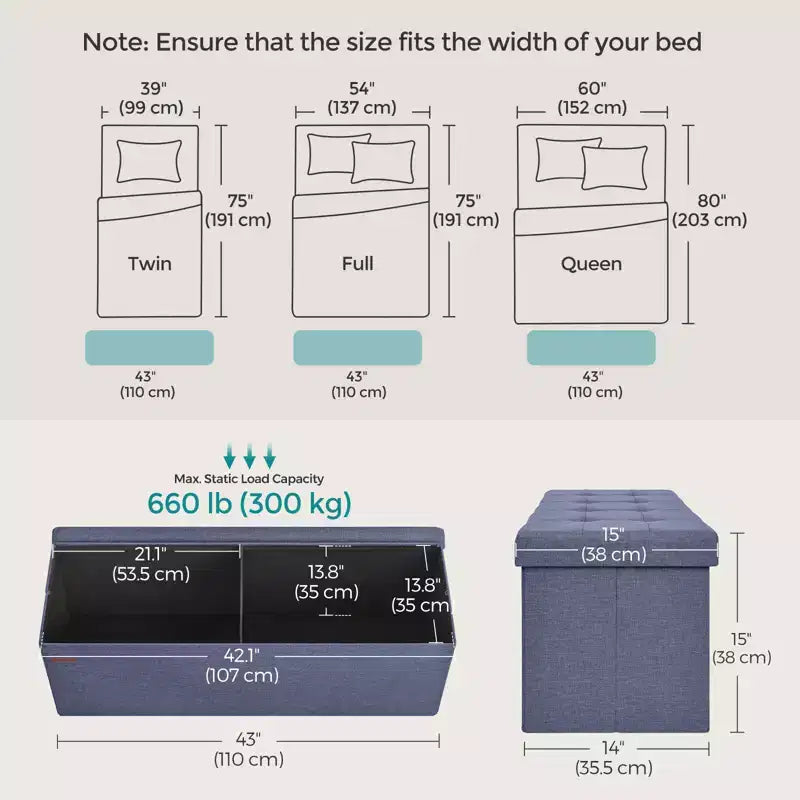 Banco otomano de almacenamiento, 15 x 43 x 15 pulgadas, banco para el pie de la cama, arcón de almacenamiento, para sala de estar, dormitorio, entrada