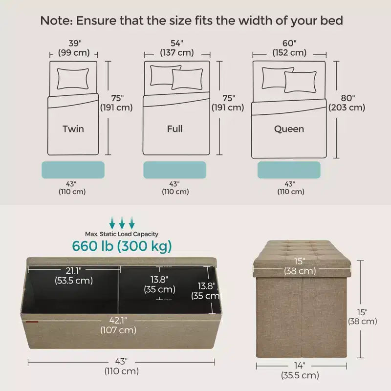 Banco otomano de almacenamiento, 15 x 43 x 15 pulgadas, banco para el pie de la cama, arcón de almacenamiento, para sala de estar, dormitorio, entrada