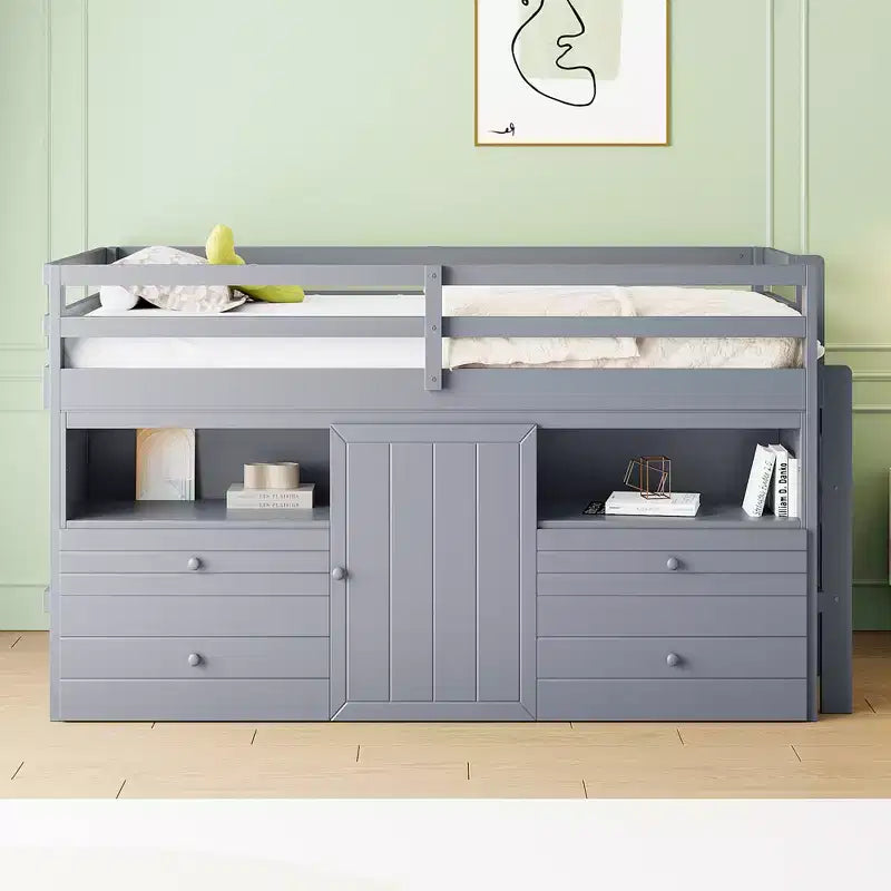 Cama alta de diseño moderno Whisen de 81.8 pulgadas de largo x 40.8 pulgadas de ancho, tamaño twin, con 4 cajones, armario inferior y estantes
