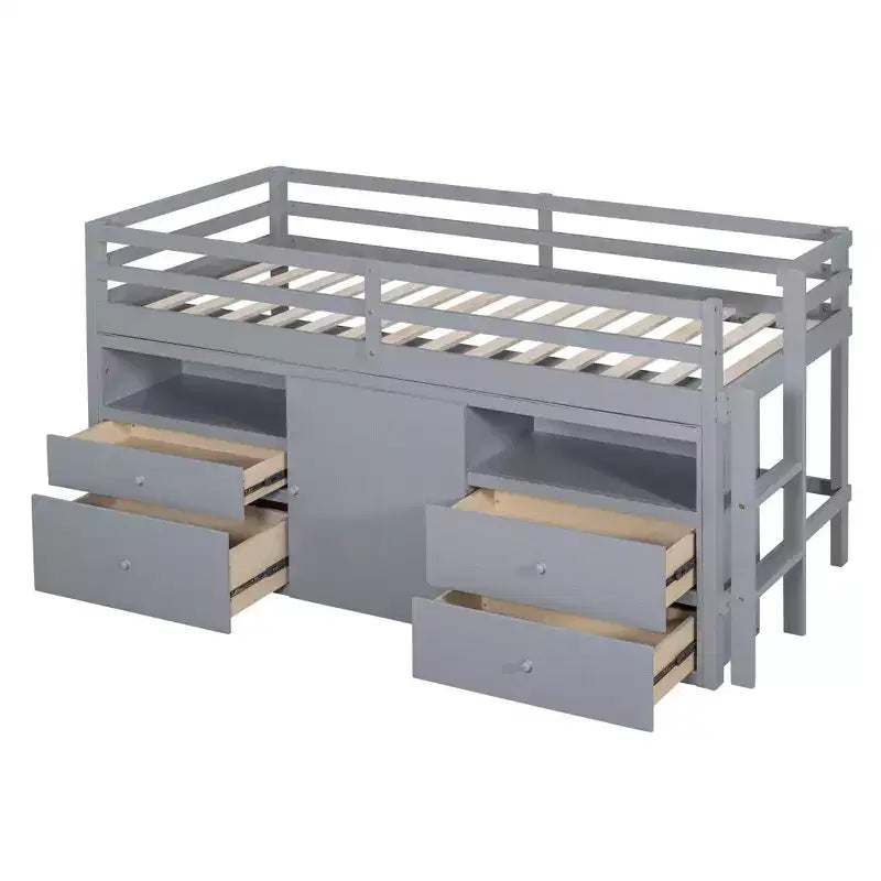 Cama alta de diseño moderno Whisen de 81.8 pulgadas de largo x 40.8 pulgadas de ancho, tamaño twin, con 4 cajones, armario inferior y estantes