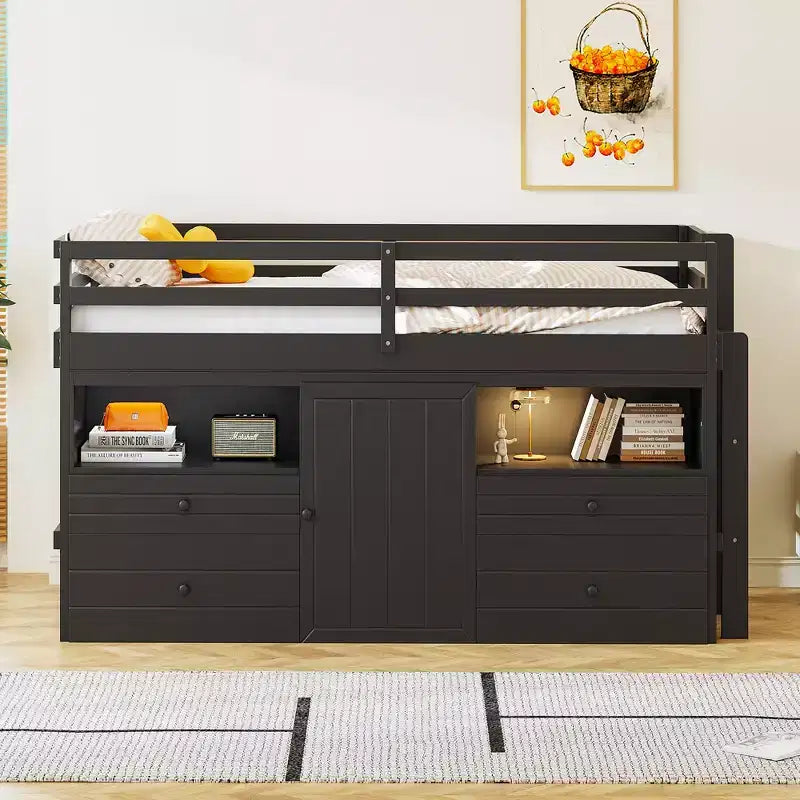 Cama alta de diseño moderno Whisen de 81.8 pulgadas de largo x 40.8 pulgadas de ancho, tamaño twin, con 4 cajones, armario inferior y estantes