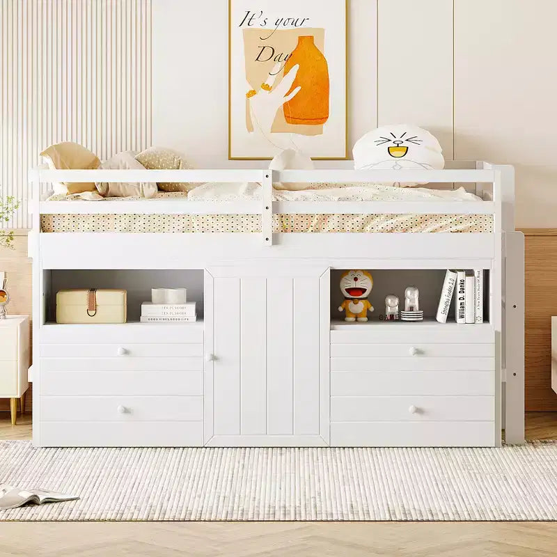 Cama alta de diseño moderno Whisen de 81.8 pulgadas de largo x 40.8 pulgadas de ancho, tamaño twin, con 4 cajones, armario inferior y estantes