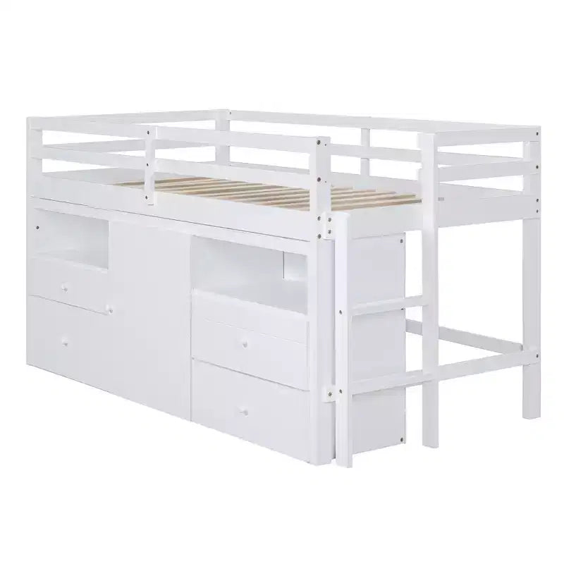 Cama alta de diseño moderno Whisen de 81.8 pulgadas de largo x 40.8 pulgadas de ancho, tamaño twin, con 4 cajones, armario inferior y estantes