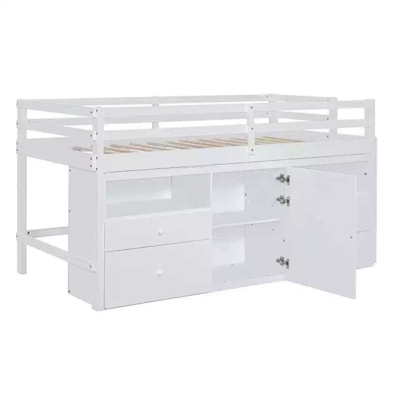 Cama alta de diseño moderno Whisen de 81.8 pulgadas de largo x 40.8 pulgadas de ancho, tamaño twin, con 4 cajones, armario inferior y estantes
