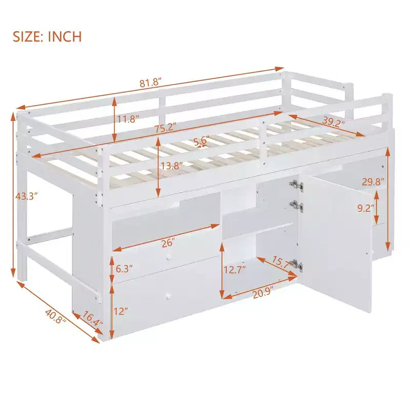 Cama alta de diseño moderno Whisen de 81.8 pulgadas de largo x 40.8 pulgadas de ancho, tamaño twin, con 4 cajones, armario inferior y estantes