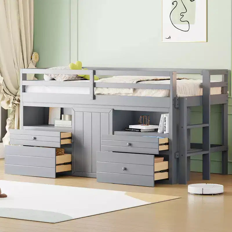Cama alta de diseño moderno Whisen de 81.8 pulgadas de largo x 40.8 pulgadas de ancho, tamaño twin, con 4 cajones, armario inferior y estantes