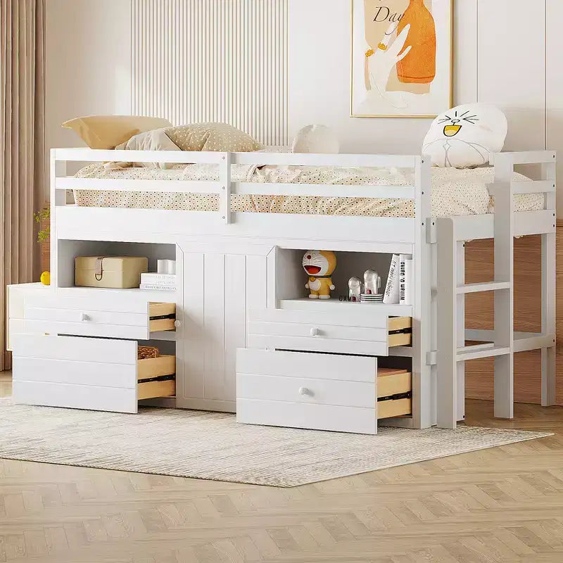Cama alta de diseño moderno Whisen de 81.8 pulgadas de largo x 40.8 pulgadas de ancho, tamaño twin, con 4 cajones, armario inferior y estantes
