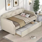 Whisen Twin Size Upholstered Daybed with Trundle, Wood Slat Support, Upholstered Frame Sofa Bed