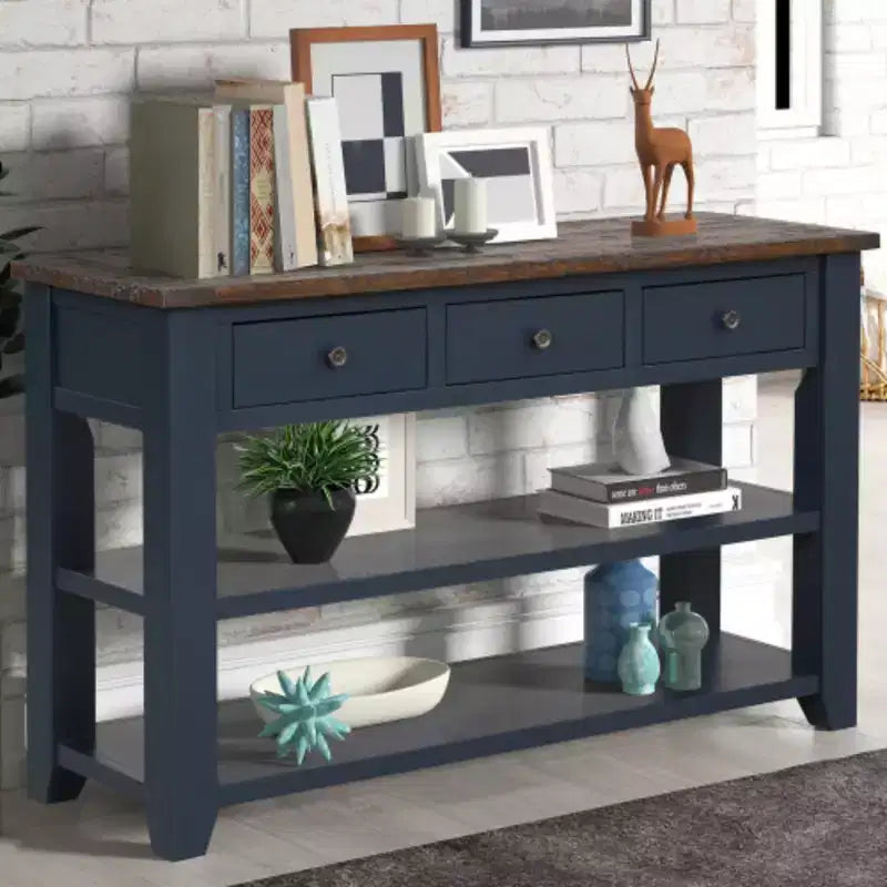 Mesa Consola de Madera de Pino Robusta, Mesa de Entrada y Auxiliar de Sofá Contemporánea con Tres Cajones y Dos Estantes, Fácil Montaje