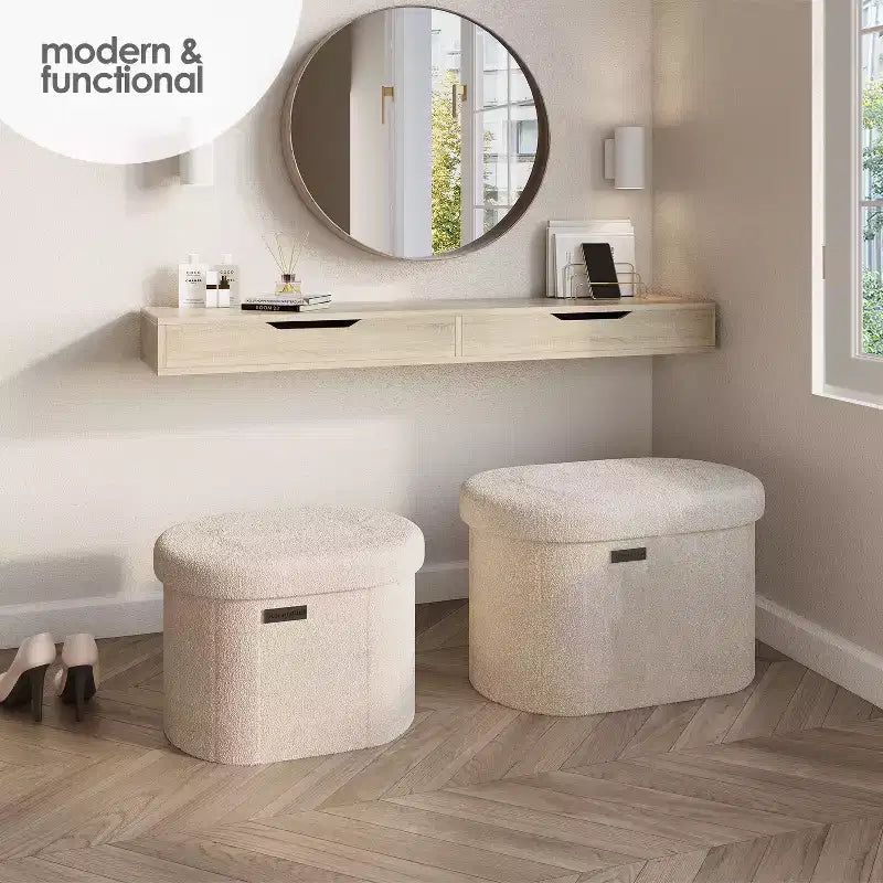 StorageBud Banco de almacenamiento para el dormitorio, pie de cama, otomana ovalada de boucle con almacenamiento, banco de entrada con almacenamiento