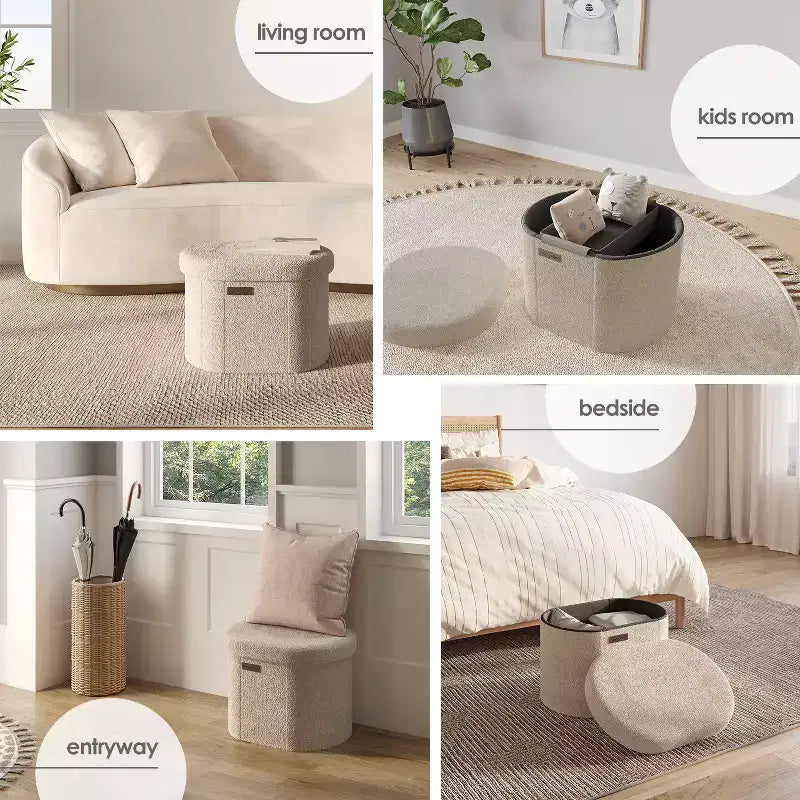 StorageBud Banco de almacenamiento para el dormitorio, pie de cama, otomana ovalada de boucle con almacenamiento, banco de entrada con almacenamiento