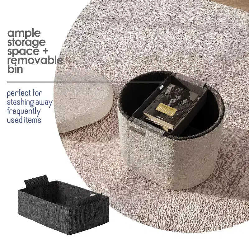 StorageBud Banco de almacenamiento para el dormitorio, pie de cama, otomana ovalada de boucle con almacenamiento, banco de entrada con almacenamiento