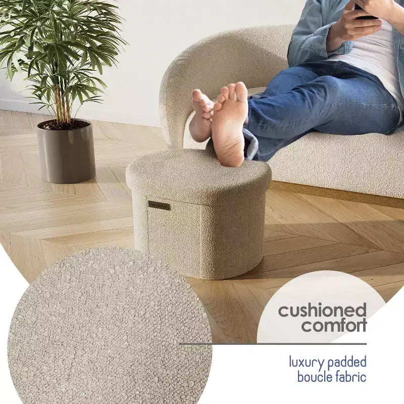 StorageBud Banco de almacenamiento para el dormitorio, pie de cama, otomana ovalada de boucle con almacenamiento, banco de entrada con almacenamiento