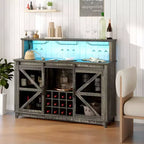 Mueble Bar Rústico de HOMCOM con Luces LED y Puertas Correderas de Granero, Botellero de 55" con Estantes para Vinos y Soporte para Copas
