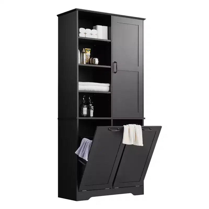 Gabinete de almacenamiento para baño Whisen con cajones, cesto de ropa sucia inclinable y estantes abiertos