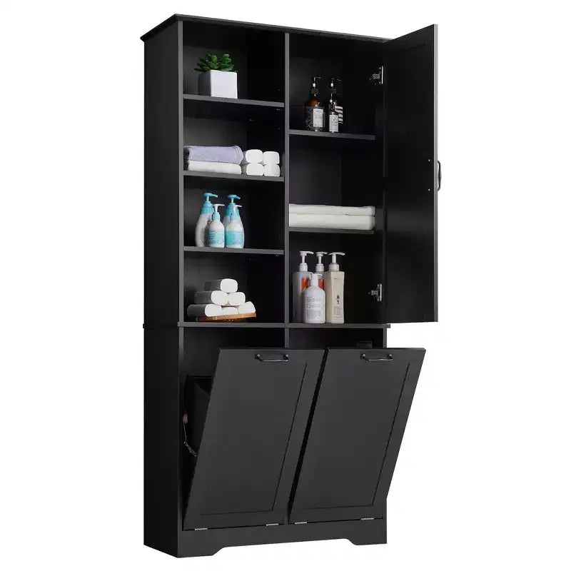Gabinete de almacenamiento para baño Whisen con cajones, cesto de ropa sucia inclinable y estantes abiertos