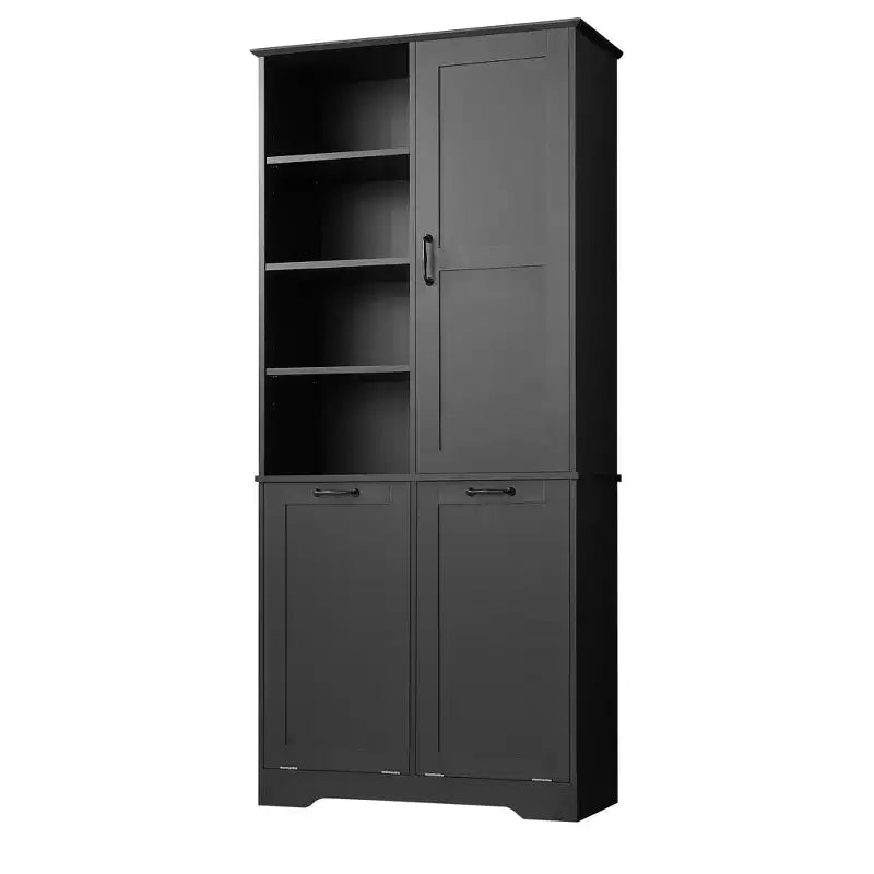 Gabinete de almacenamiento para baño Whisen con cajones, cesto de ropa sucia inclinable y estantes abiertos