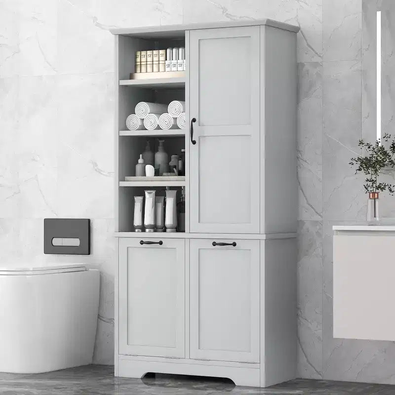 Gabinete de almacenamiento para baño Whisen con cajones, cesto de ropa sucia inclinable y estantes abiertos