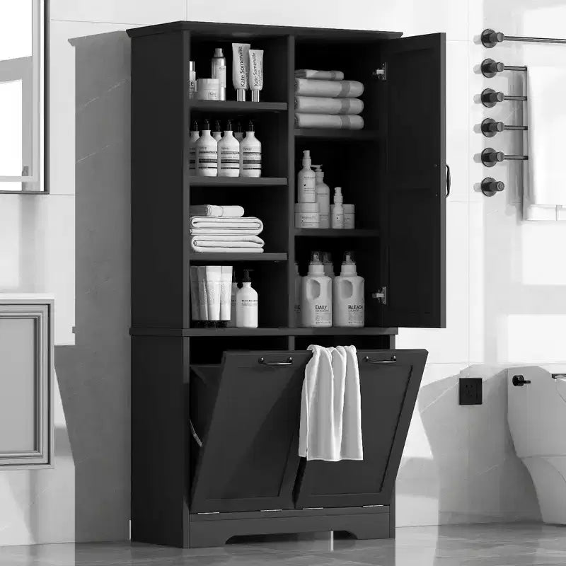 Gabinete de almacenamiento para baño Whisen con cajones, cesto de ropa sucia inclinable y estantes abiertos