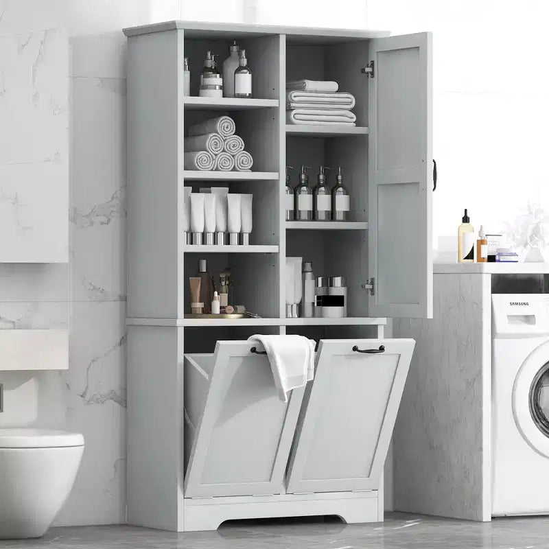 Gabinete de almacenamiento para baño Whisen con cajones, cesto de ropa sucia inclinable y estantes abiertos