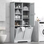 Gabinete de almacenamiento para baño Whisen con cajones, cesto de ropa sucia inclinable y estantes abiertos
