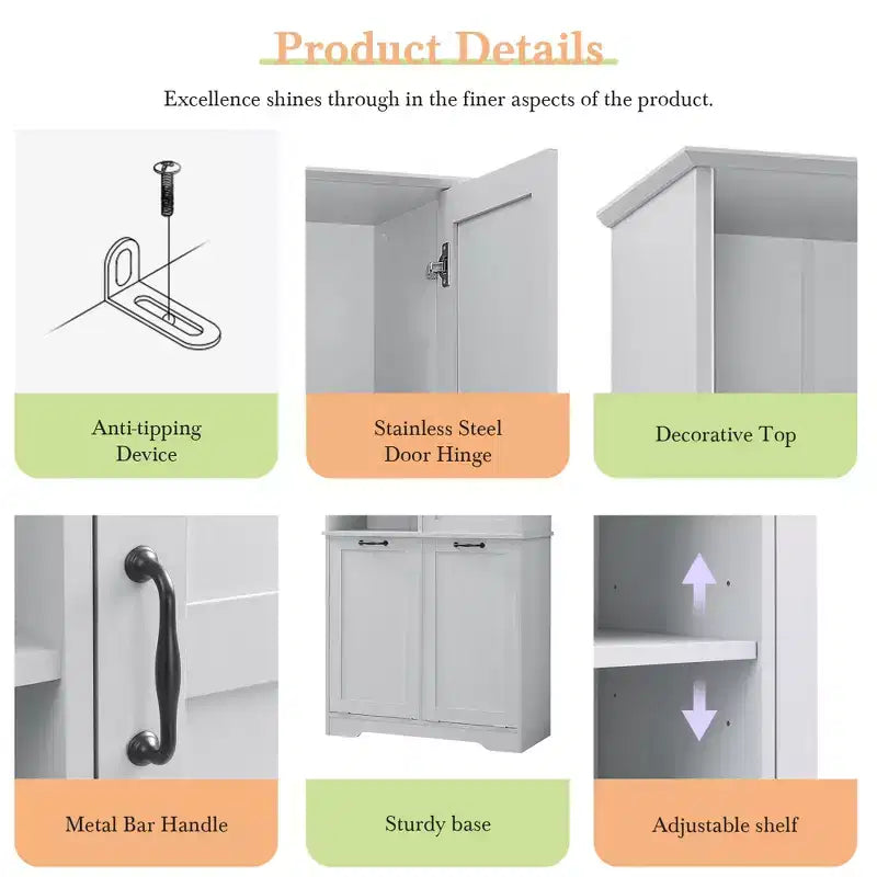 Gabinete de almacenamiento para baño Whisen con cajones, cesto de ropa sucia inclinable y estantes abiertos