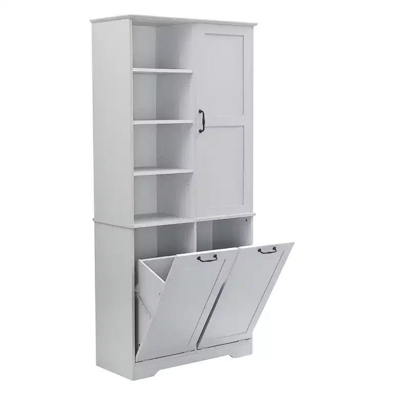 Gabinete de almacenamiento para baño Whisen con cajones, cesto de ropa sucia inclinable y estantes abiertos