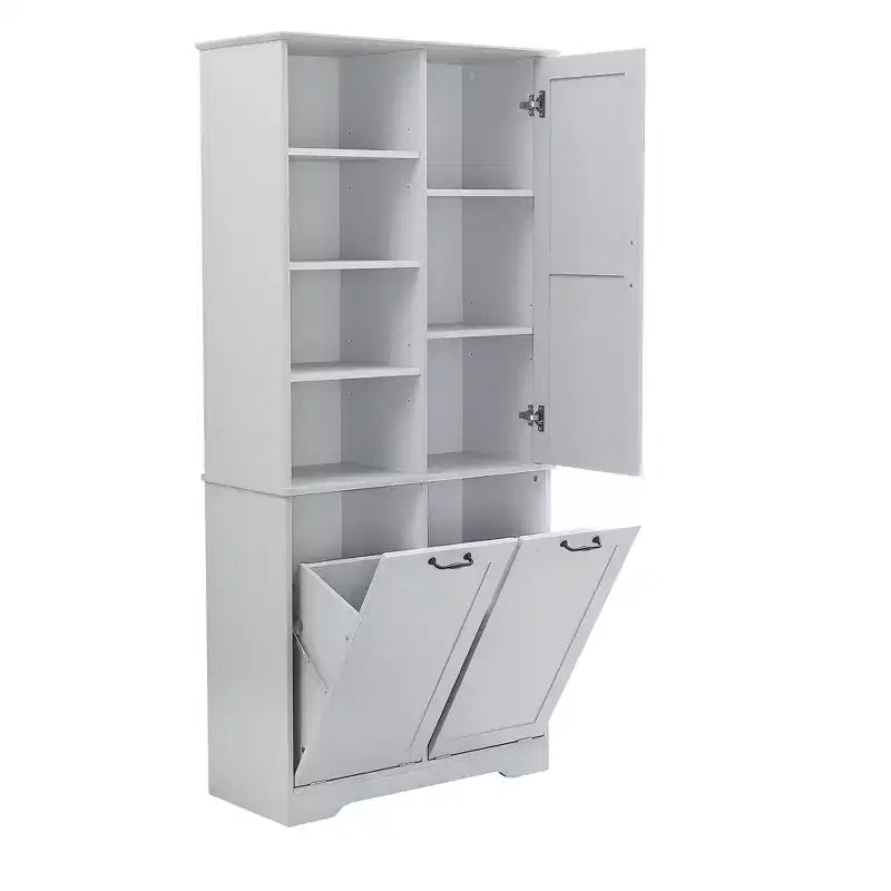 Gabinete de almacenamiento para baño Whisen con cajones, cesto de ropa sucia inclinable y estantes abiertos