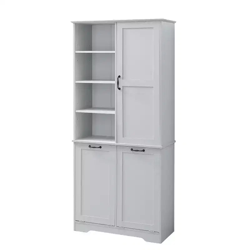 Gabinete de almacenamiento para baño Whisen con cajones, cesto de ropa sucia inclinable y estantes abiertos