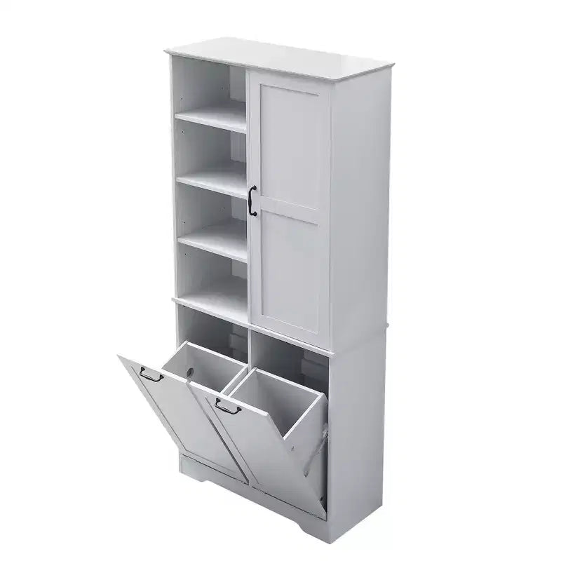 Gabinete de almacenamiento para baño Whisen con cajones, cesto de ropa sucia inclinable y estantes abiertos
