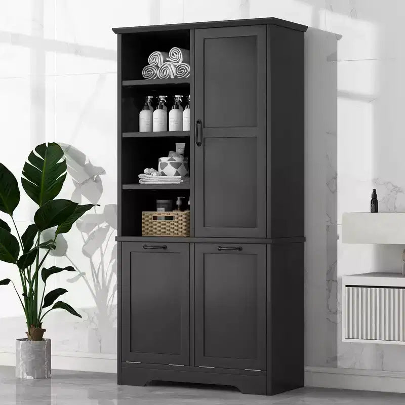 Gabinete de almacenamiento para baño Whisen con cajones, cesto de ropa sucia inclinable y estantes abiertos