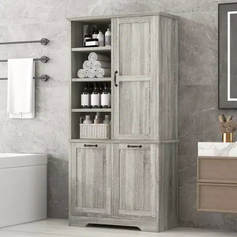 Gabinete de almacenamiento para baño Whisen con cajones, cesto de ropa sucia inclinable y estantes abiertos
