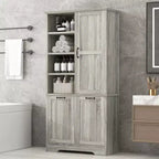 Gabinete de almacenamiento para baño Whisen con cajones, cesto de ropa sucia inclinable y estantes abiertos