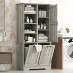 Gabinete de almacenamiento para baño Whisen con cajones, cesto de ropa sucia inclinable y estantes abiertos