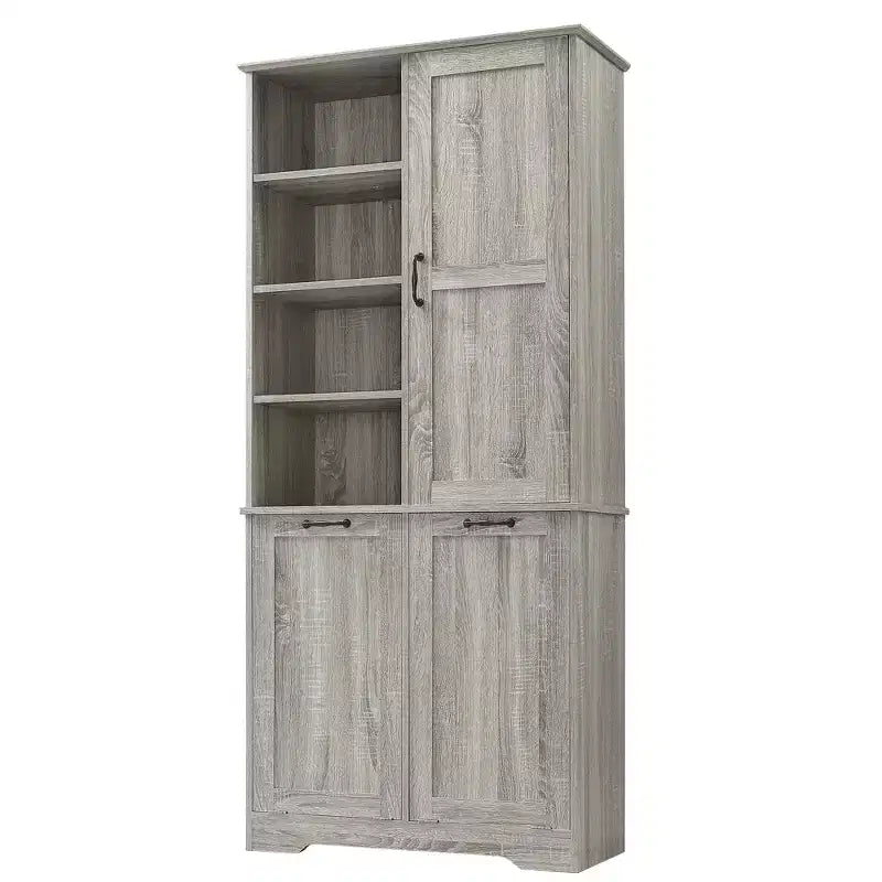 Gabinete de almacenamiento para baño Whisen con cajones, cesto de ropa sucia inclinable y estantes abiertos