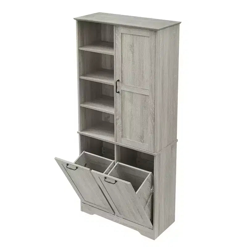 Gabinete de almacenamiento para baño Whisen con cajones, cesto de ropa sucia inclinable y estantes abiertos